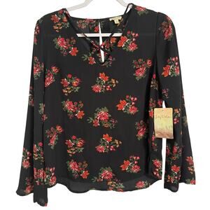 Lily White Women's M Whimsigoth Sheer Floral Strappy Neck 3/4 Wide Sleeve Blouse